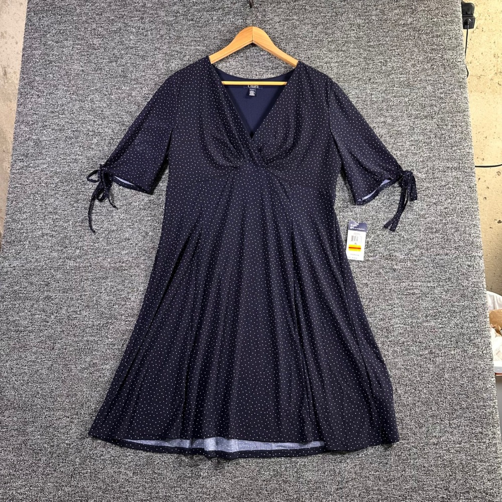 Chaps Navy Blue Polka Dot V-Neck A-Line Dress‎ XL NWT Sleeve Tie Half Sleeve